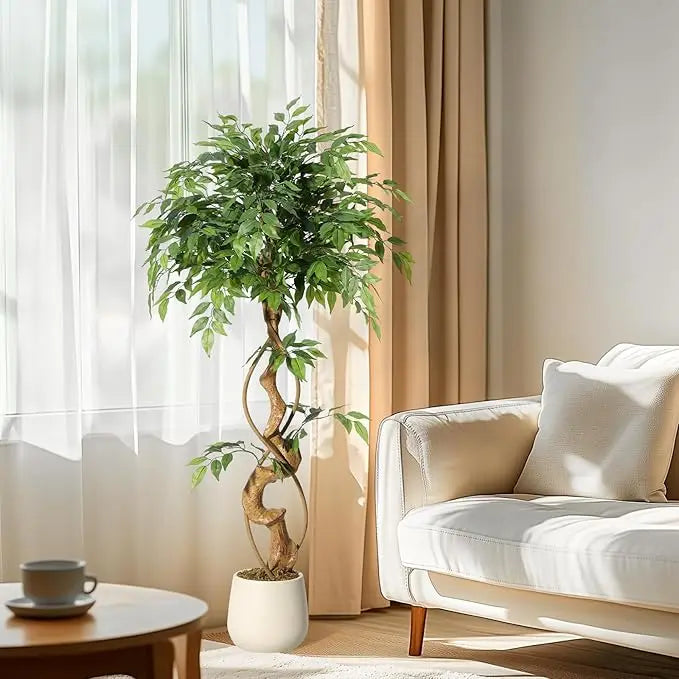 Ficus Artificial Tree with Curved Trunk Plant Fake Silk Trees with White Pot Ficus Tree for Home Decor, Artificial Plants Indoor