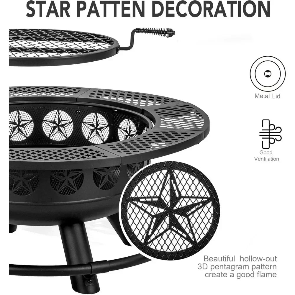 36 Inch Fire Pit with Cooking Grill,Outdoor Wood Burning BBQ Firepit with Lid, 3-in-1 Outdoor Fire Pit for Backyard Deck Bonfire