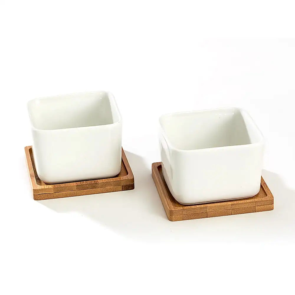 Two White Ceramic Pots With Bamboo Saucers For Succulents