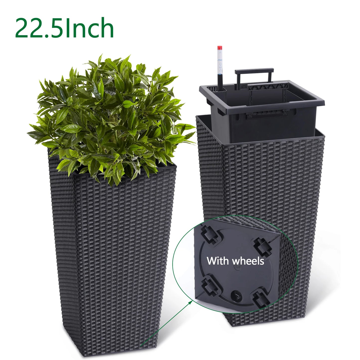 Outdoor Planters 16" Tall Flowers Plant Pots Set of 2 with Tray, Wicker Design & Water Level Gauge Indoor/Outdoor Garden Decor