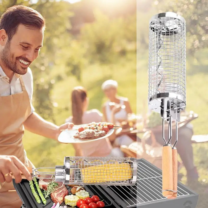 Stainless Steel Barbecue Cages Portable Grill Basket Camping Cookware Outdoor Round BBQ Campfire Grid Rolling Grill Basket