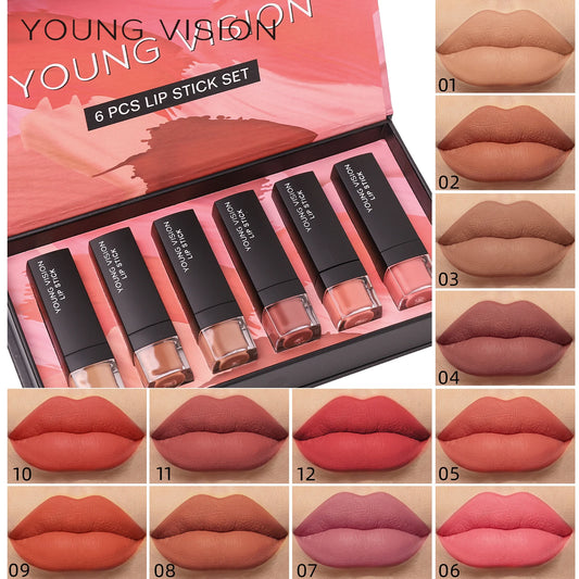 YOUNG VISION 6 Matte Velvet Lipstick Set Waterproof Non-Fade Silky Mud Feeling White Thin Translucent Light Lip Glaze Set
