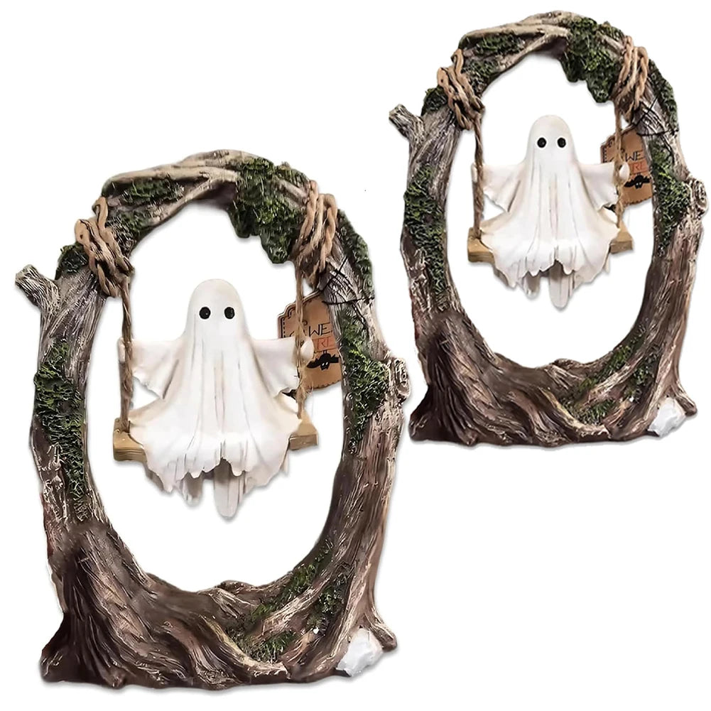 Ghost On Tree Swing Resin Statue Cute Spooky Ornament For Indoor Outdoor Porch Multi Purpose Decoration