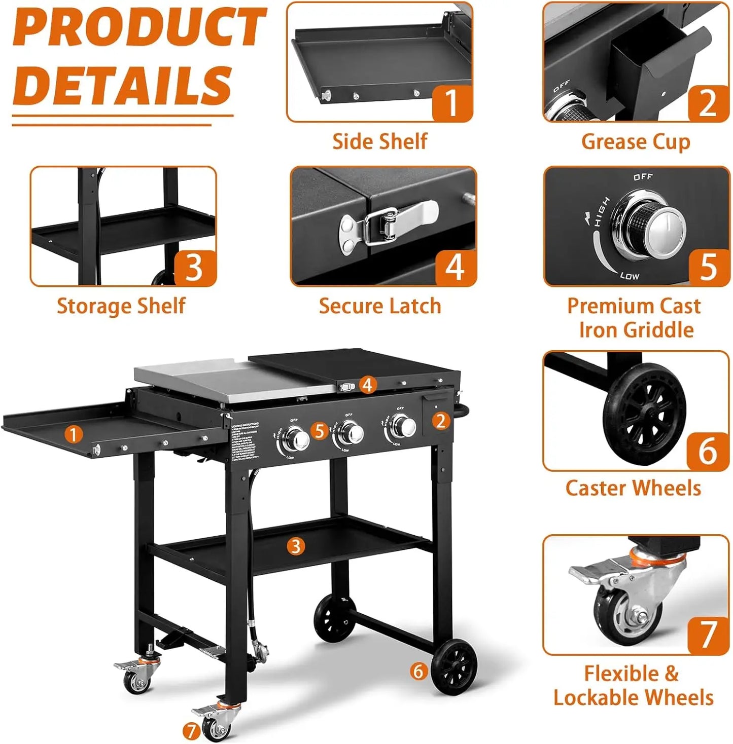 3 Burner Portable Flat Top Gas Grill 31 Inch Griddle