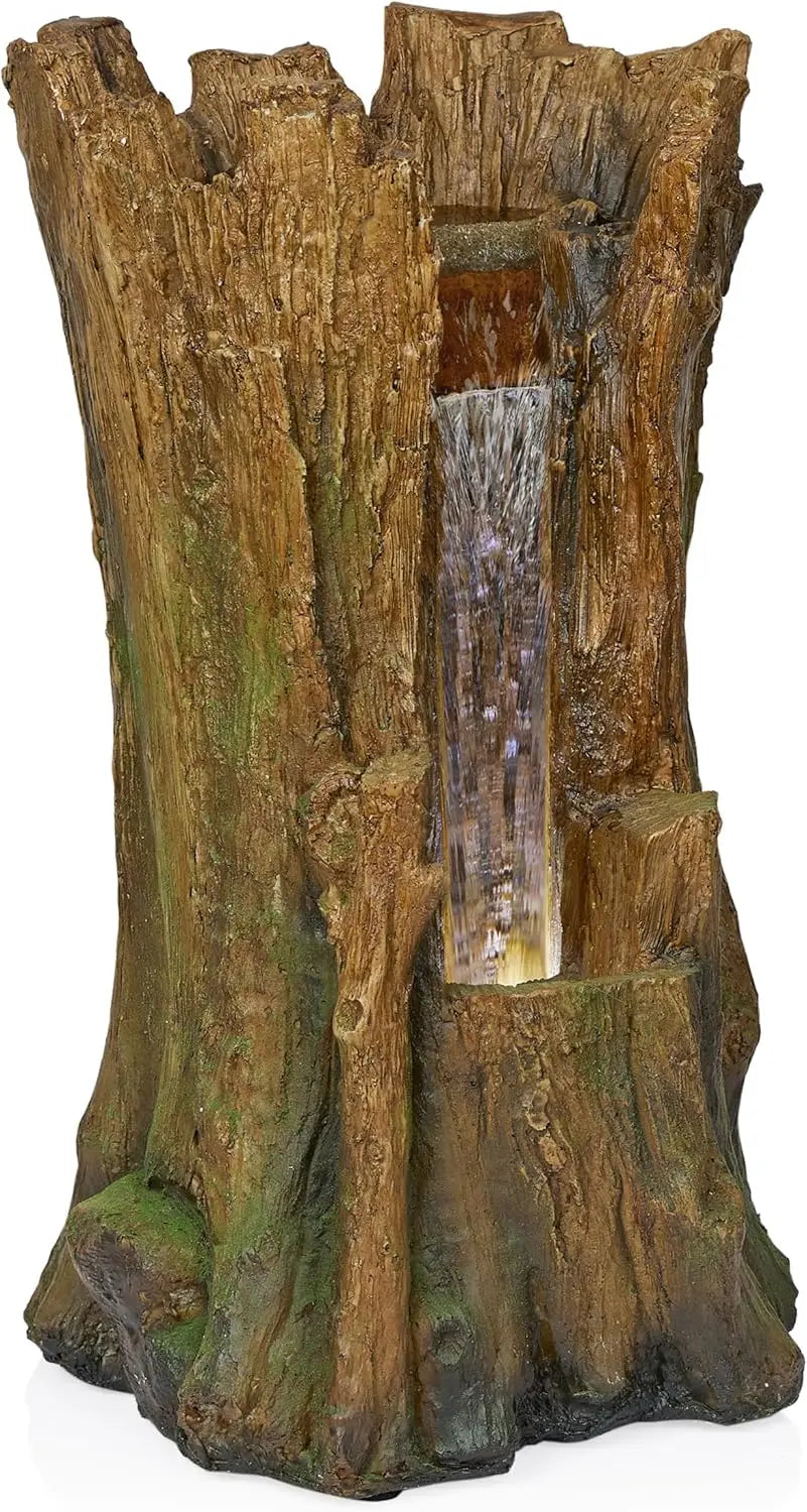 TZL294 Tree Trunk Fountain w/Cool White LED Lights, Waterfall for Garden, Patio, & Lawn, 22" H, Brown