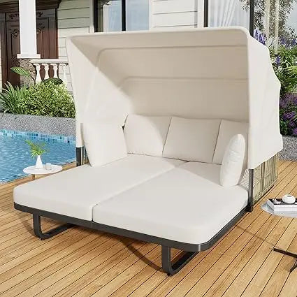Patio Rattan Round Daybed with Retractable Canopy, Wicker Sofa Sunbed with Removable Cushions,for Outdoor Backyard Porch Lawn Ga
