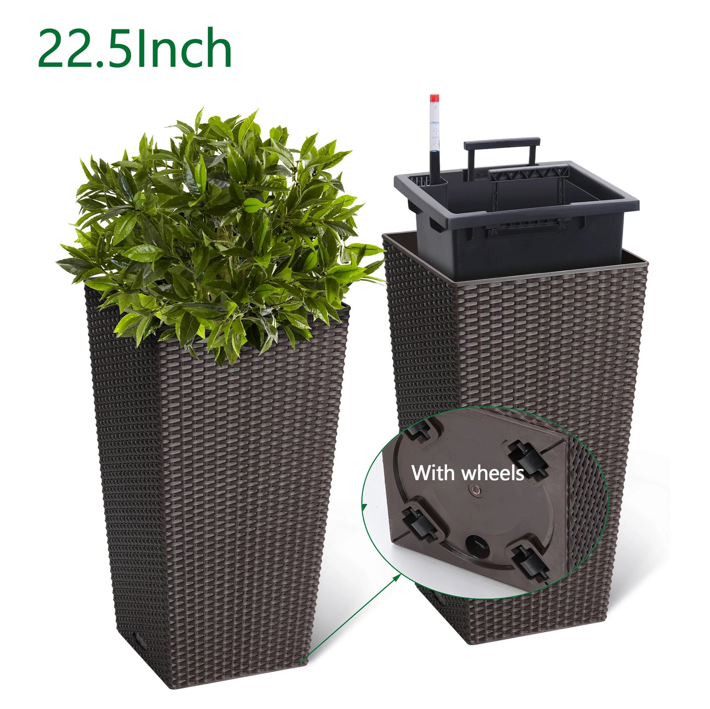Outdoor Planters 16" Tall Flowers Plant Pots Set of 2 with Tray, Wicker Design & Water Level Gauge Indoor/Outdoor Garden Decor