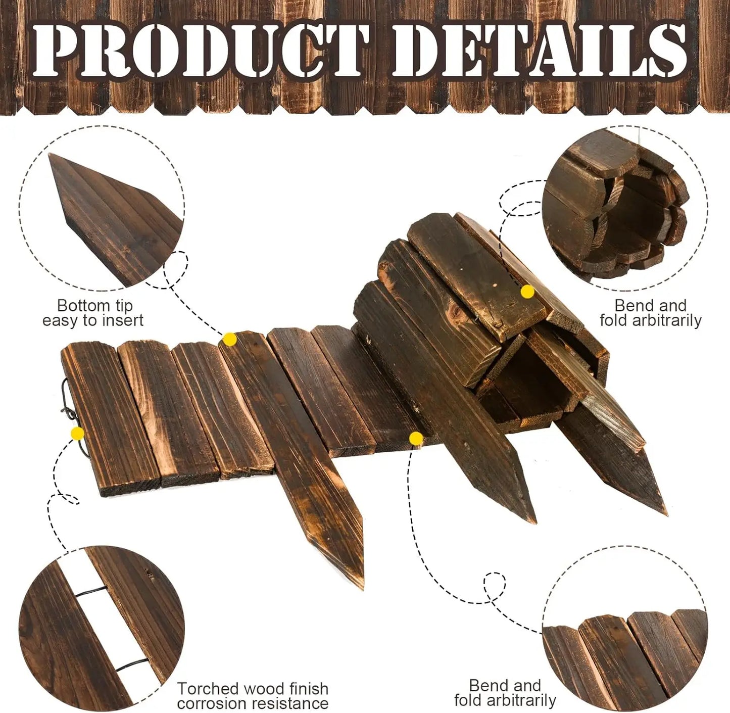 8 Pcs Wood Garden Edging Border Picket Fence Garden Landscape Edging 8 x 47 Inches with Gloves for Yard Pathway Outdoor