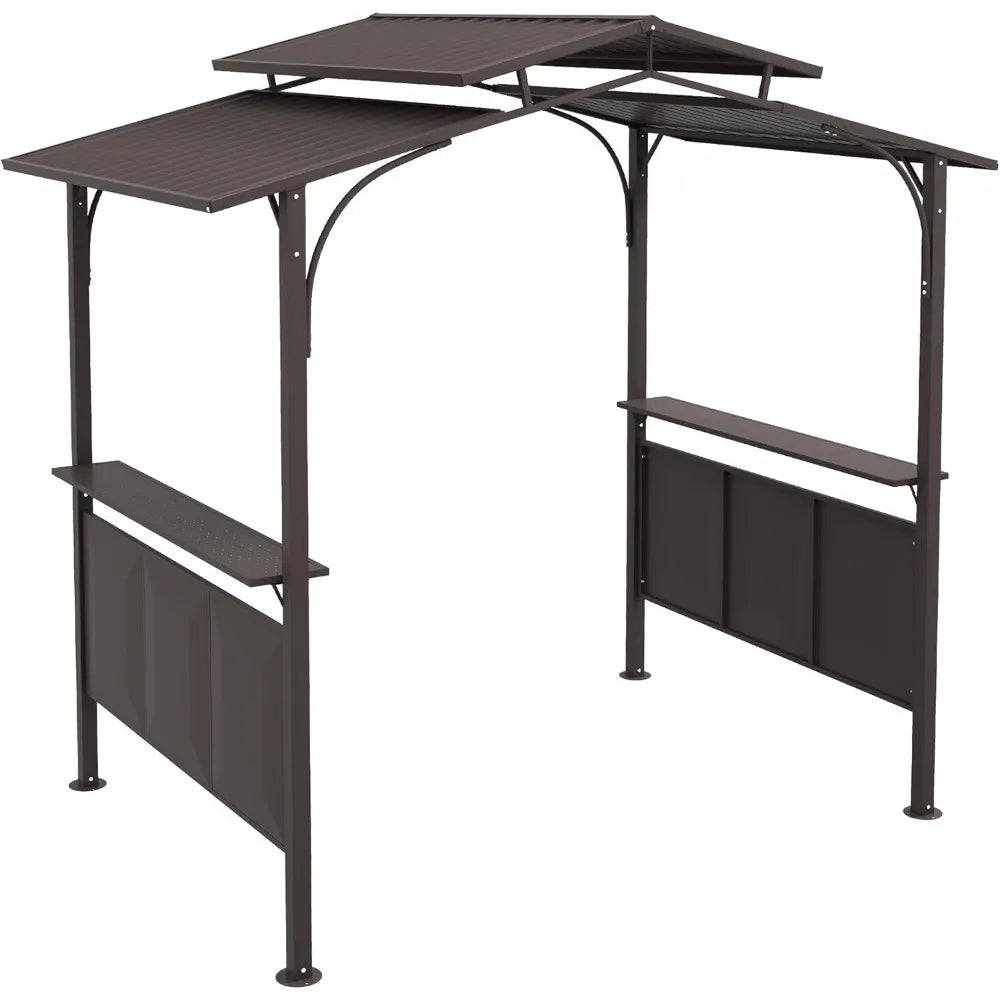 8'x5' BBQ Grill Gazebo with 2 Side Shelves, Outdoor Double Tiered Interlaced Polycarbonate Roof with Steel Frame, Brown
