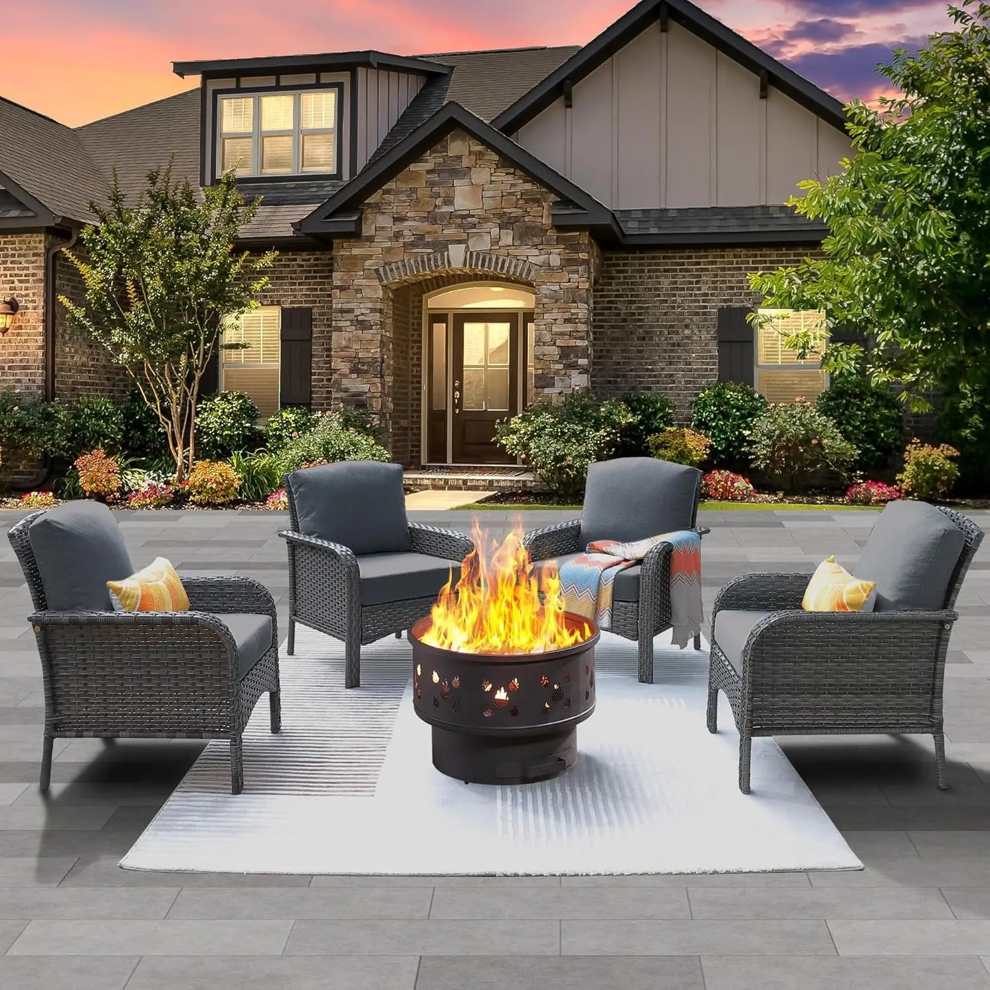 4 Patio Set With 30 Inch Fire Pit Table And Wicker Chairs