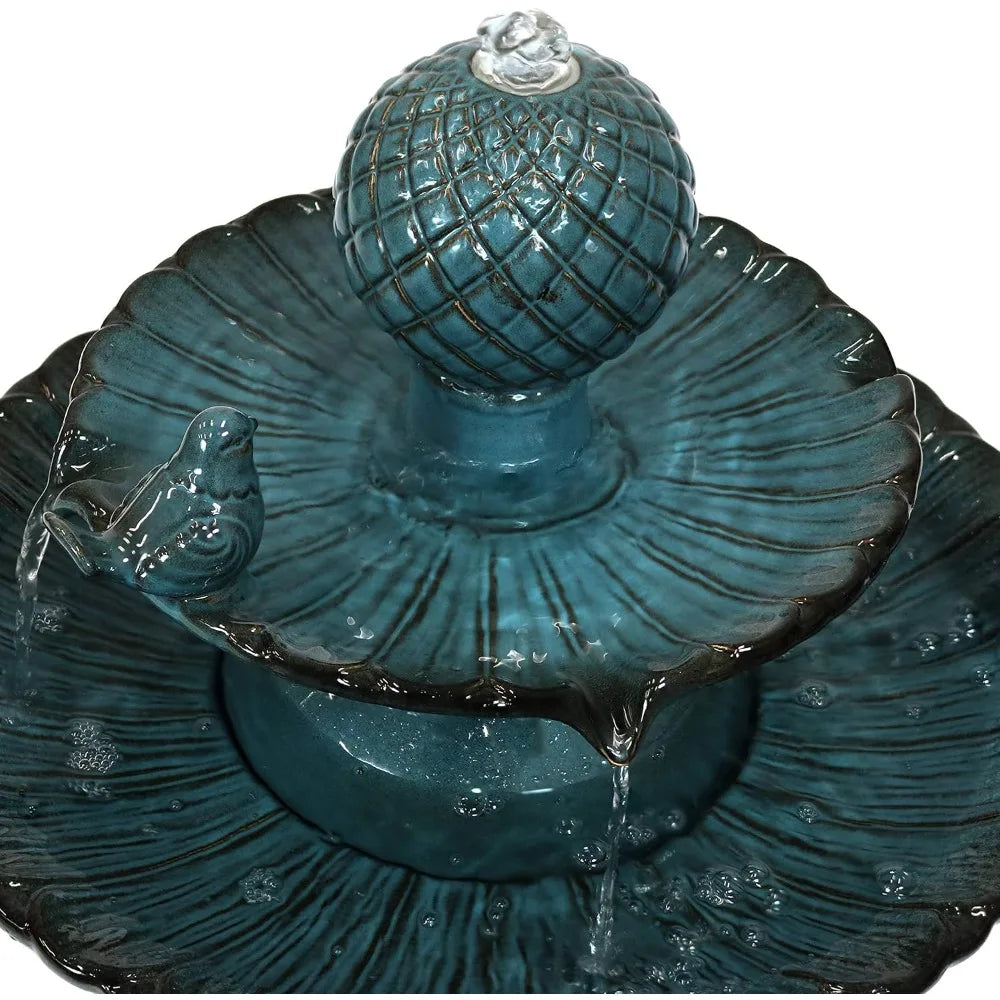 Two Level Ceramic Outdoor Water Fountain Blue Garden Decor