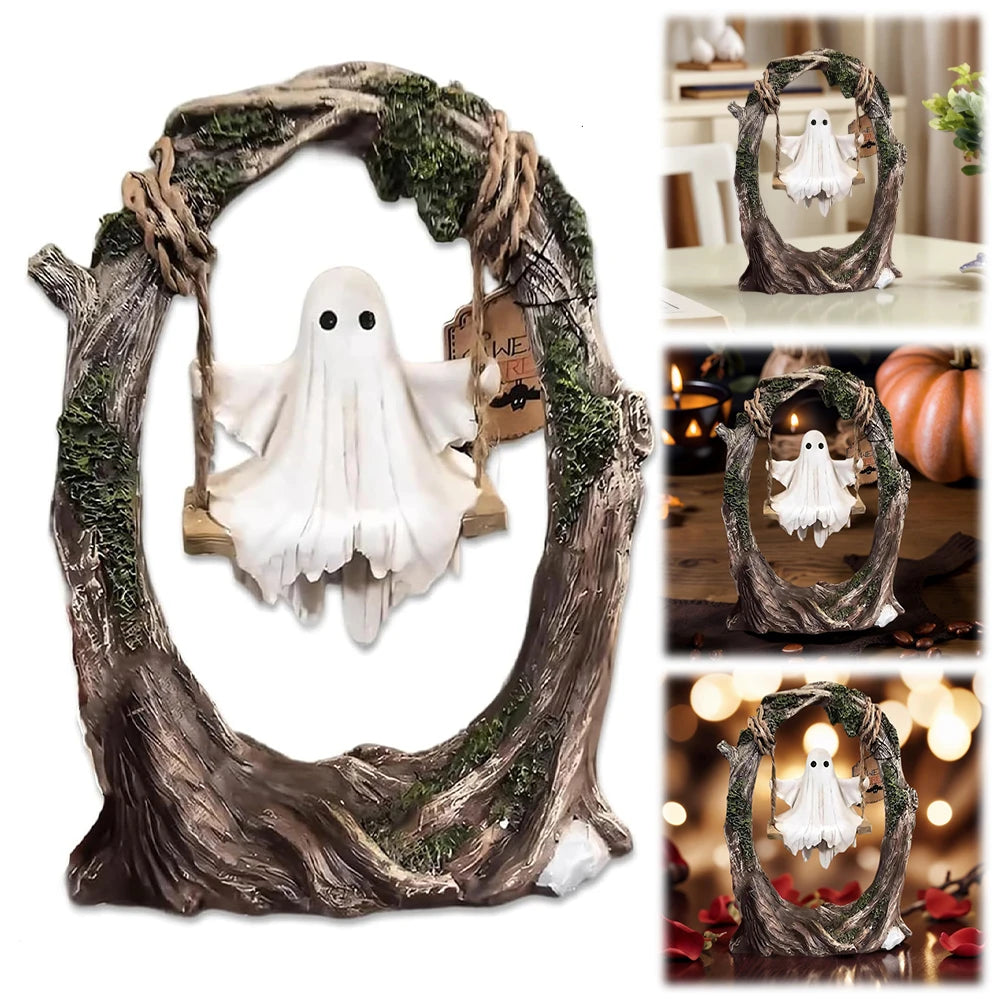 Ghost On Tree Swing Resin Statue Cute Spooky Ornament For Indoor Outdoor Porch Multi Purpose Decoration