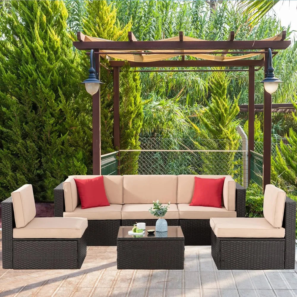 Six Piece Patio Garden Set With PE Rattan Glass Table