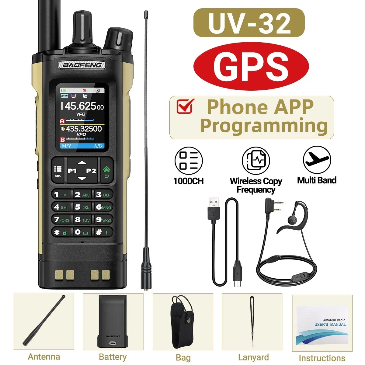 Walkie Talkie Baofeng UV-32 Multi Band 10W GPS Bluetooth Programming Amateur AM Two Way Radio with 2.0" Screen Type-C Ham Radio