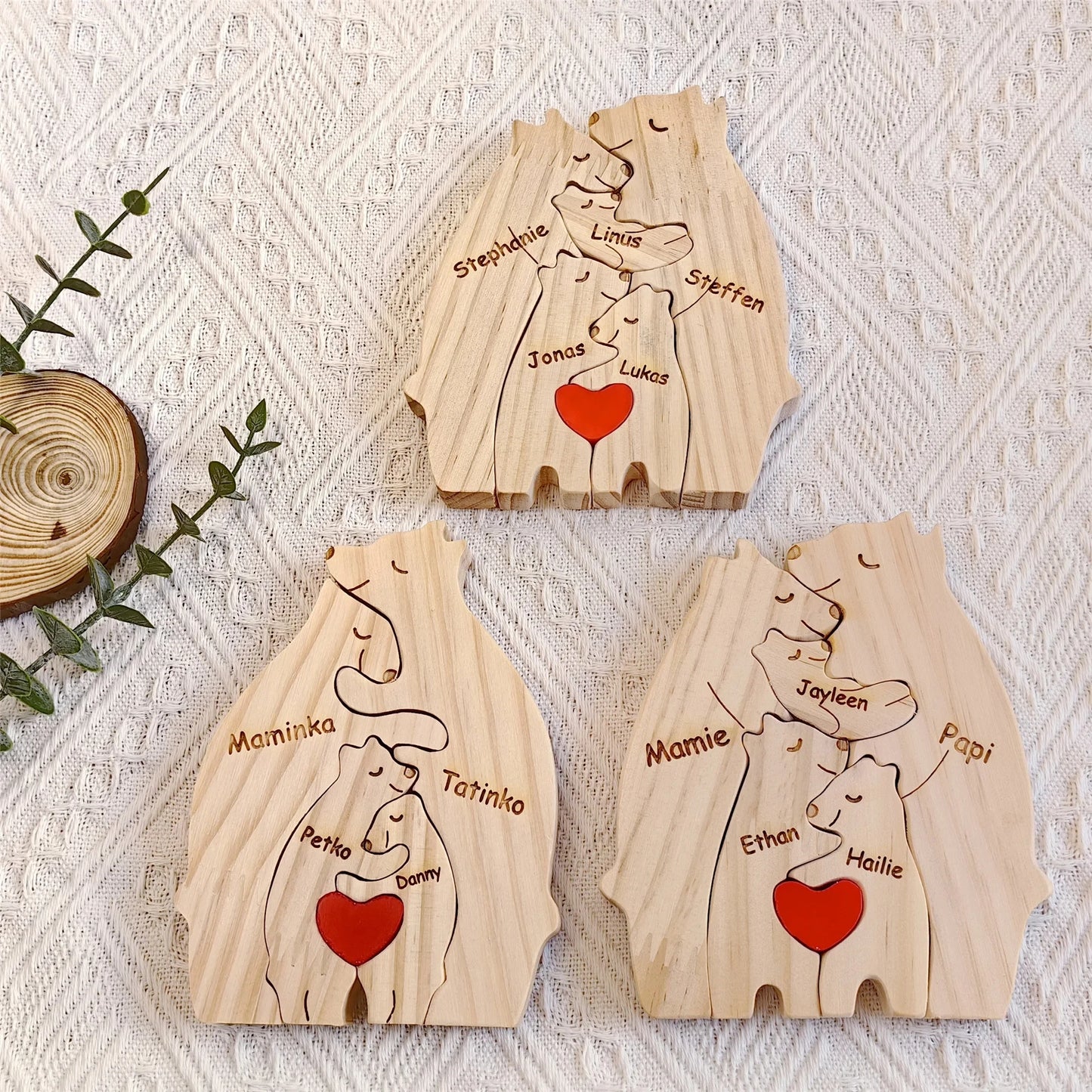 Personalized Custom Bear Family Wooden Puzzle DIY Free Engraving Name Sculpture Home Desk Decor Figurines Christmas Birthday Gift
