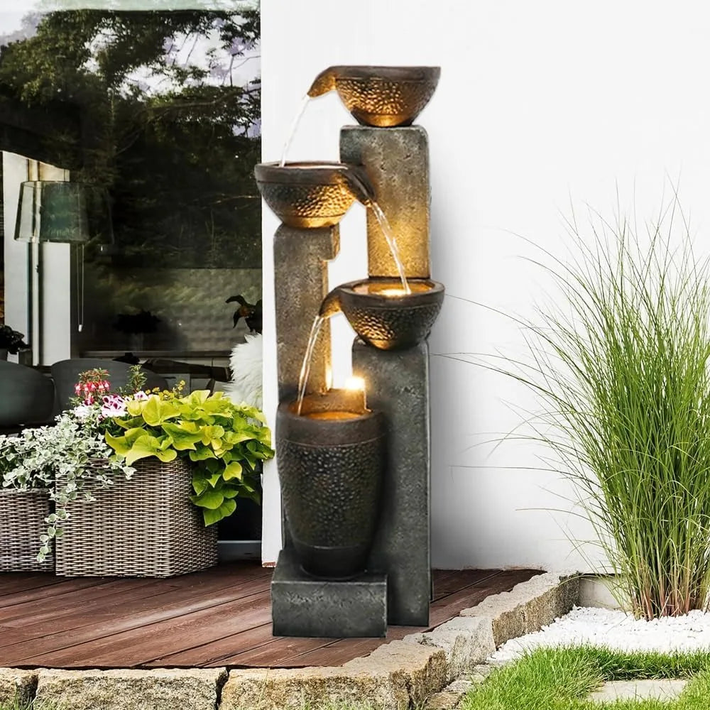 Outdoor Garden Water Fountain-Indoor Polyresin Waterfall Floor-Standing Fountains with LED Lights for Garden, Outdoor Fountain