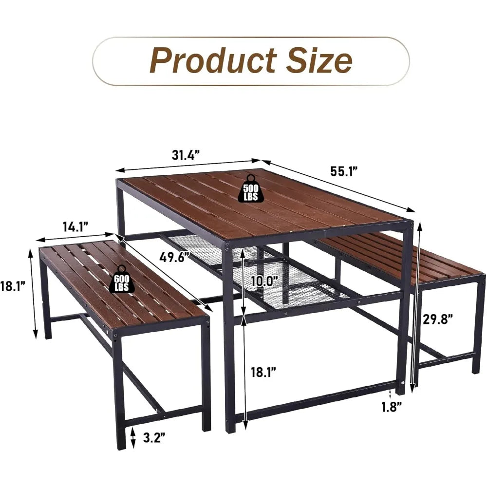 55 Inch Picnic Table And Bench Set With Umbrella Hole For 6
