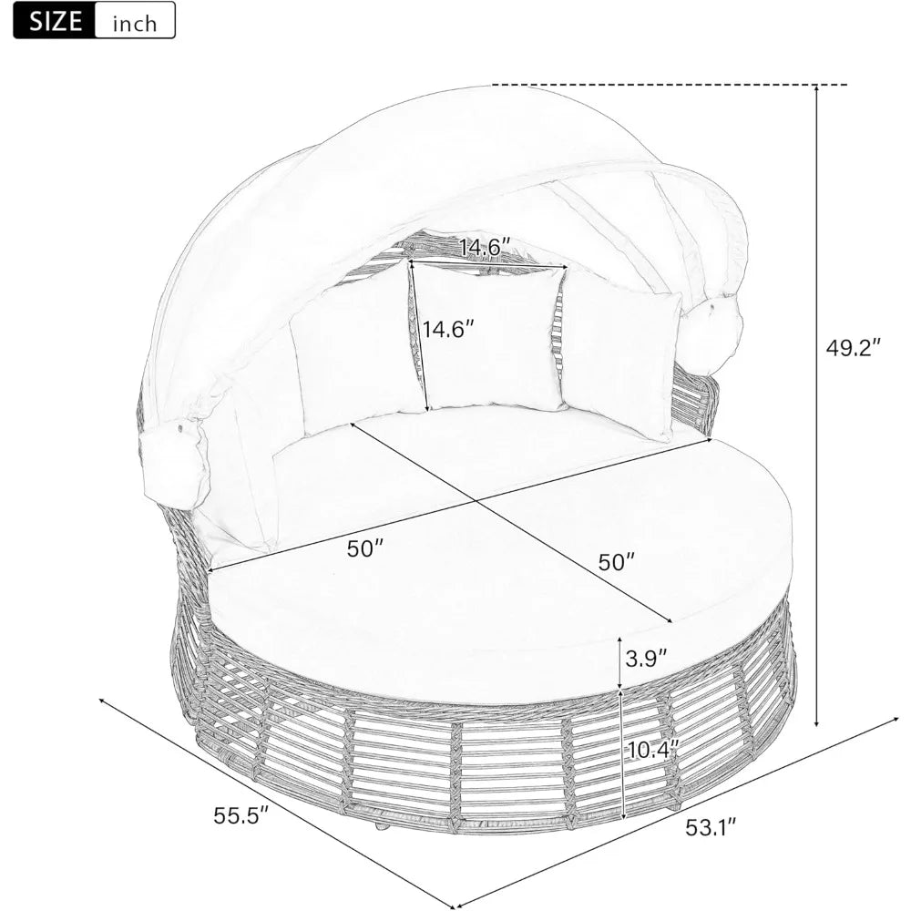 Patio Rattan Round Daybed with Retractable Canopy, Wicker Sofa Sunbed with Removable Cushions,for Outdoor Backyard Porch Lawn Ga