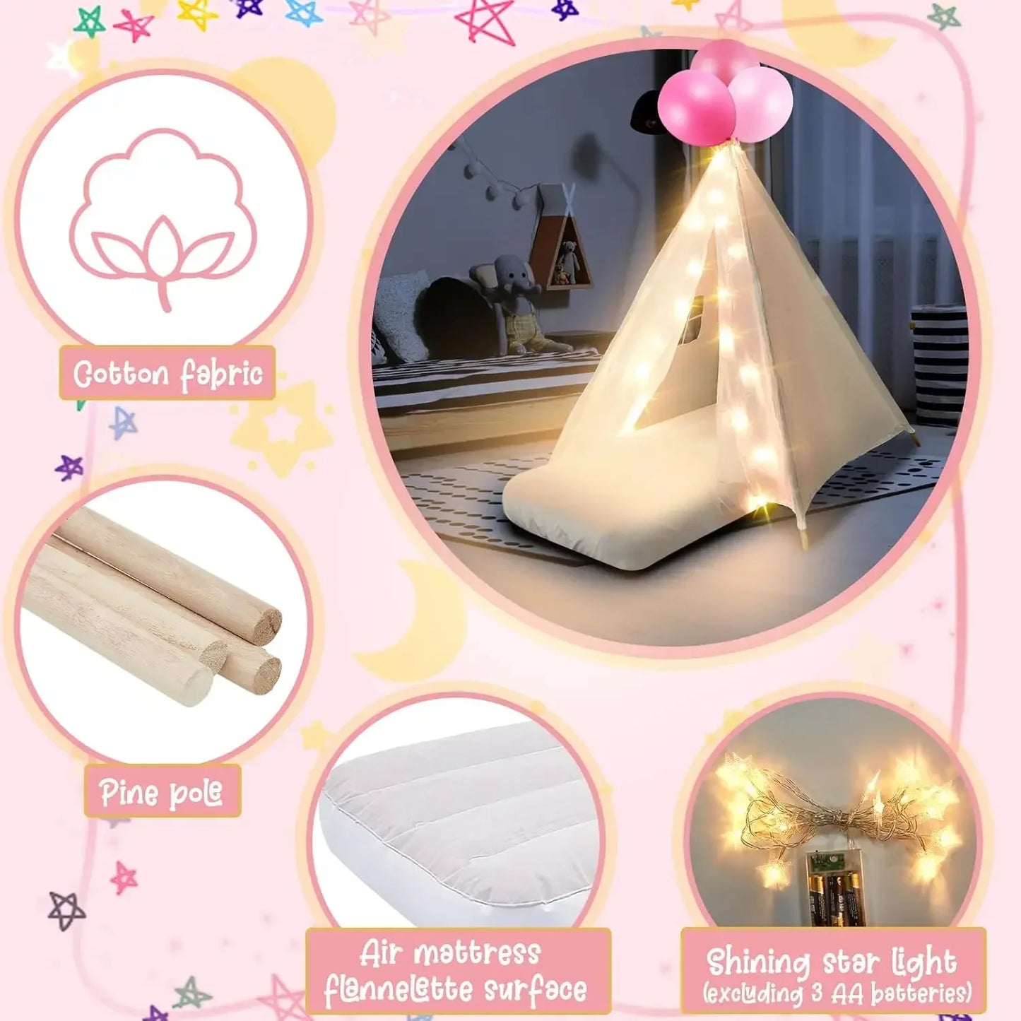 6 Pack Sleepover Teepee Tents for Kids With Mattress Sheets