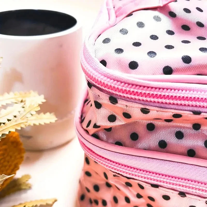Double Layer Makeup Bag for Travel with Brush Storage & Handle - Polka Dot Toiletry Pouch for Women, Spacious Cosmetic Organizer