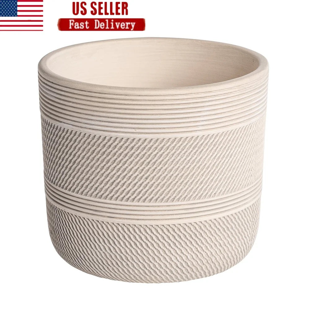 Round Ceramic Planter with Drainage Holes Sturdy Grooved Indoor Pot Succulents Flowers Houseplants Home Decor