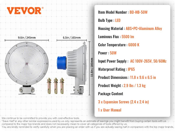VEVOR LED Barn Light 50W 5500LM 6000K Daylight Flood Light