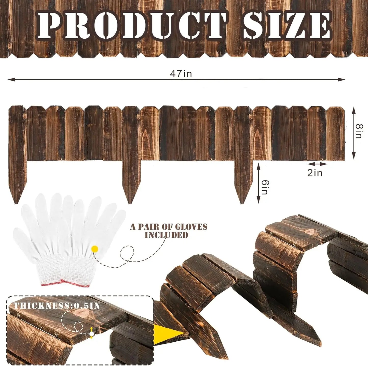 8 Pcs Wood Garden Edging Border Picket Fence Garden Landscape Edging 8 x 47 Inches with Gloves for Yard Pathway Outdoor