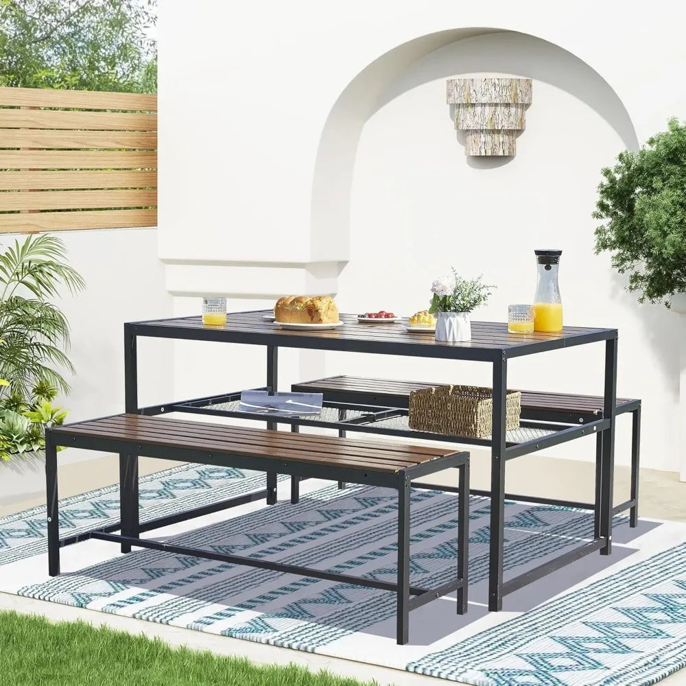 55 Inch Picnic Table And Bench Set With Umbrella Hole For 6
