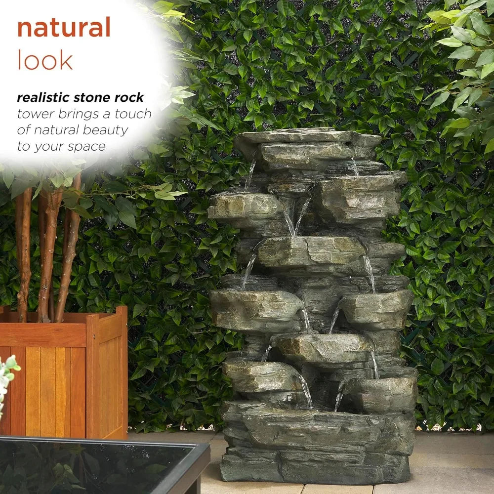 Outdoor Multitiered Cascading Rock Garden Water Floor Fountain with LED Lights, 39" H, Green