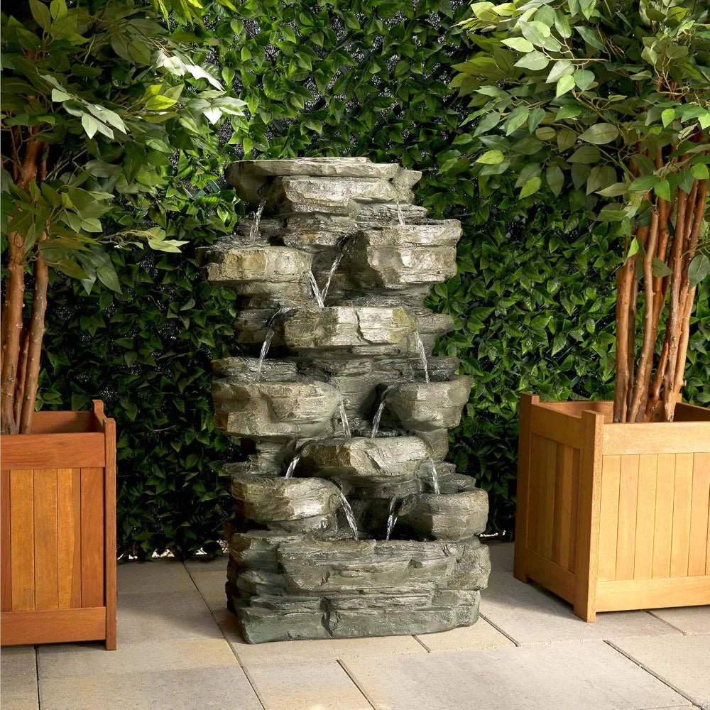 Outdoor Multitiered Cascading Rock Garden Water Floor Fountain with LED Lights, 39" H, Green