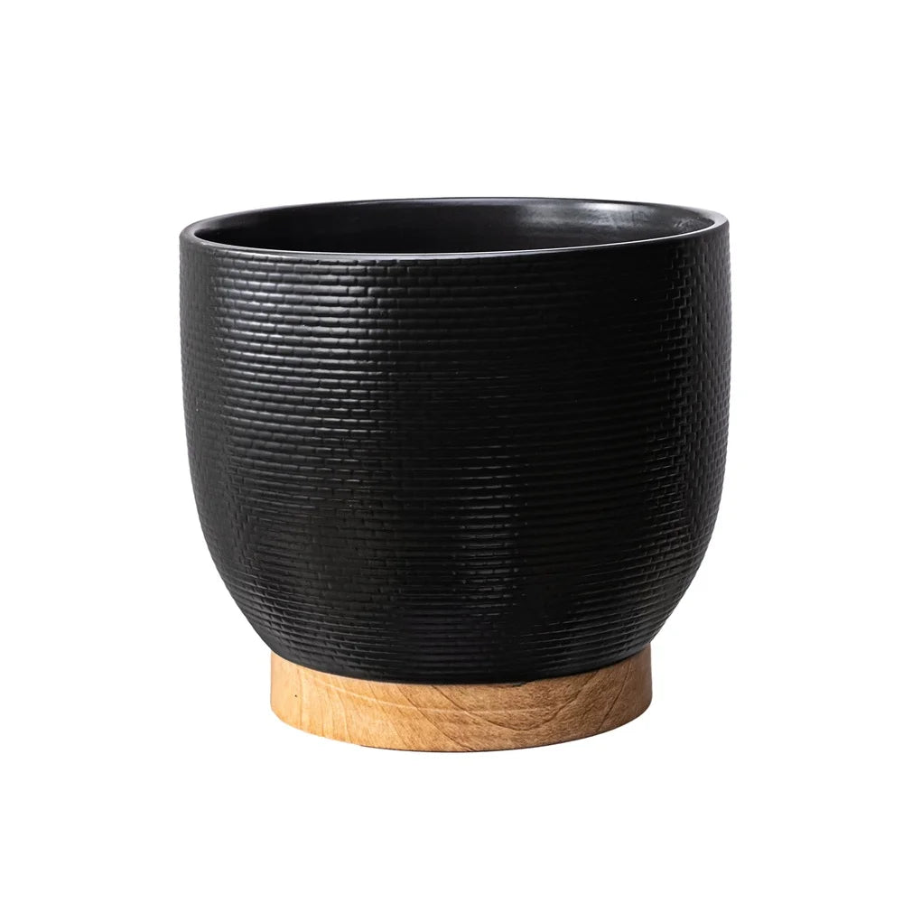 10 Inch Black Ceramic Planter With Wood Base Drainage