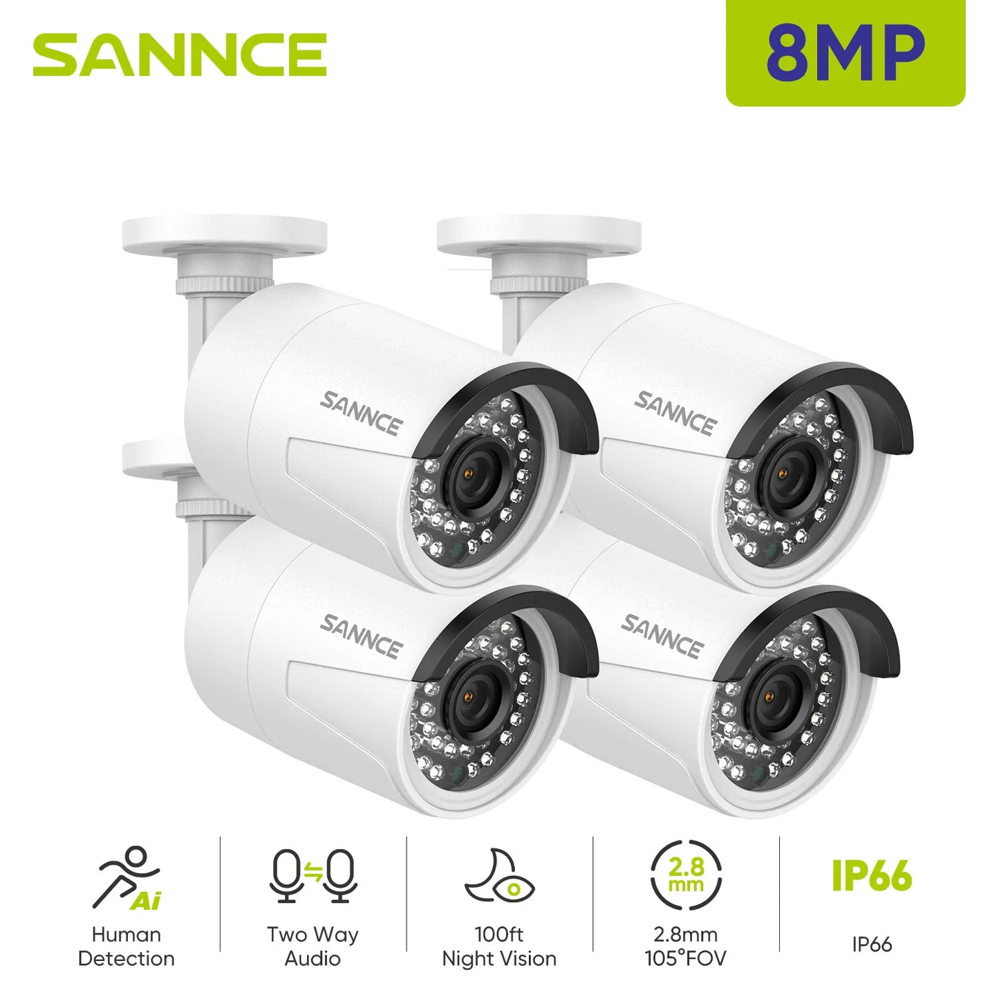 SANNCE 2PCS Ultra HD 5MP POE Camera Outdoor Indoor Weatherproof Security Network Bullet EXIR Night Vision Email Alert Camera Kit
