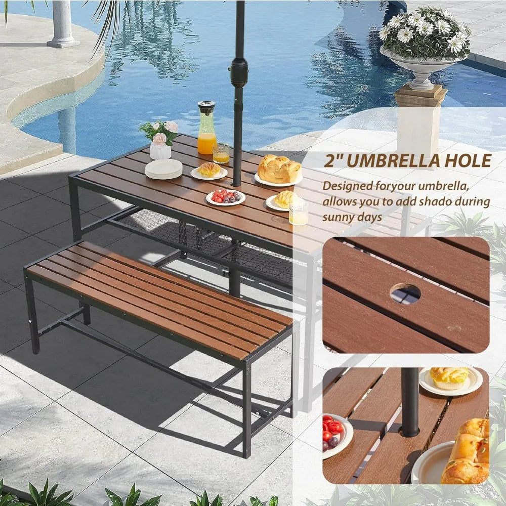 55 Inch Picnic Table And Bench Set With Umbrella Hole For 6