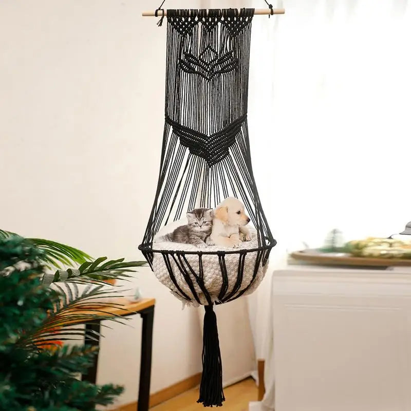 Boho Cat Swing Bed Hand-Woven Bohemia Cat Bed Kitten Hammock Bed Space-Saving Swing Bed For Home Living Rooms Balcony Bedrooms