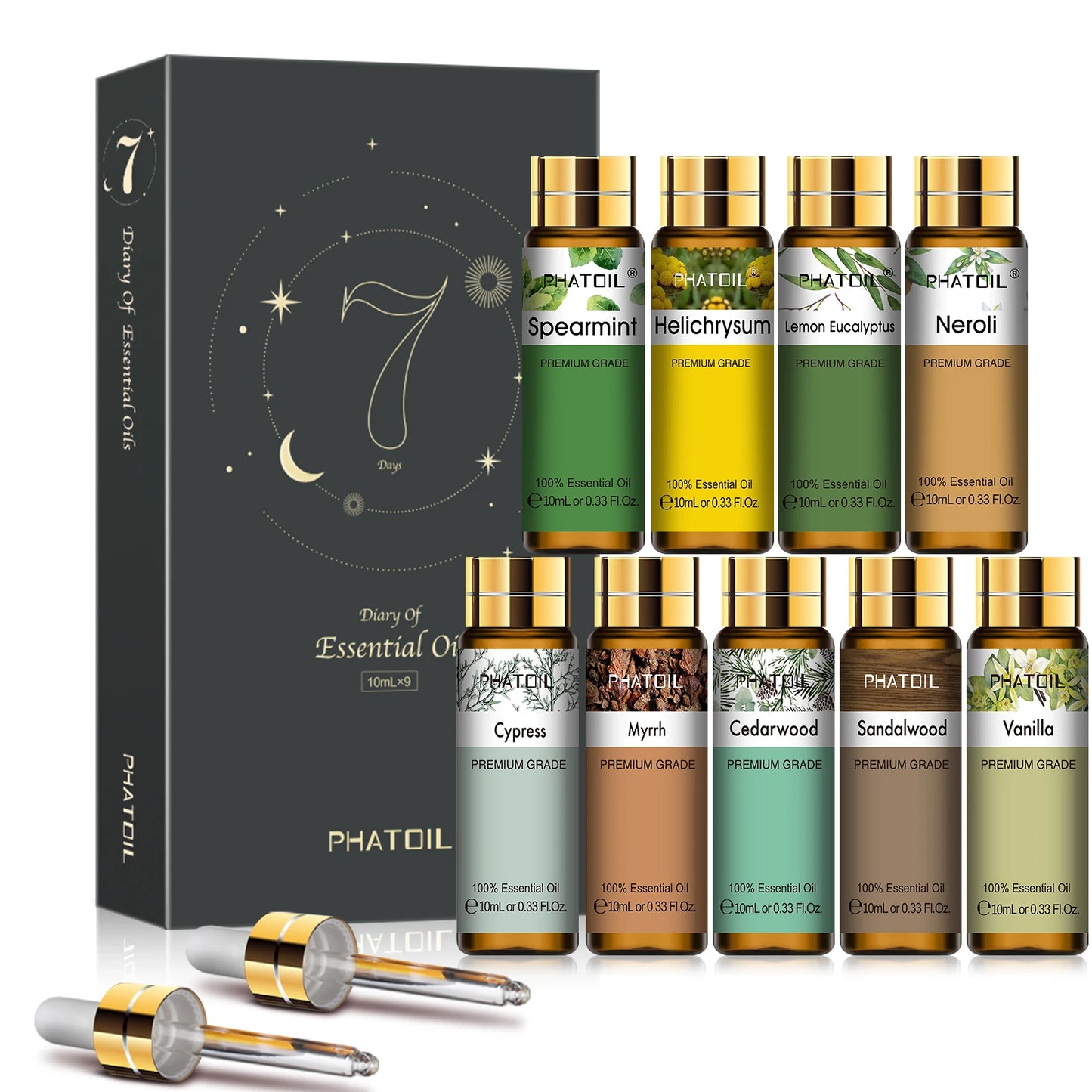 Phatoil 9pcs Gift Set 10ml Pure Natural Essential Oils Kit Vanilla Sandalwood Neroli Helichrysum Lemon Eucalyptus Spearmint