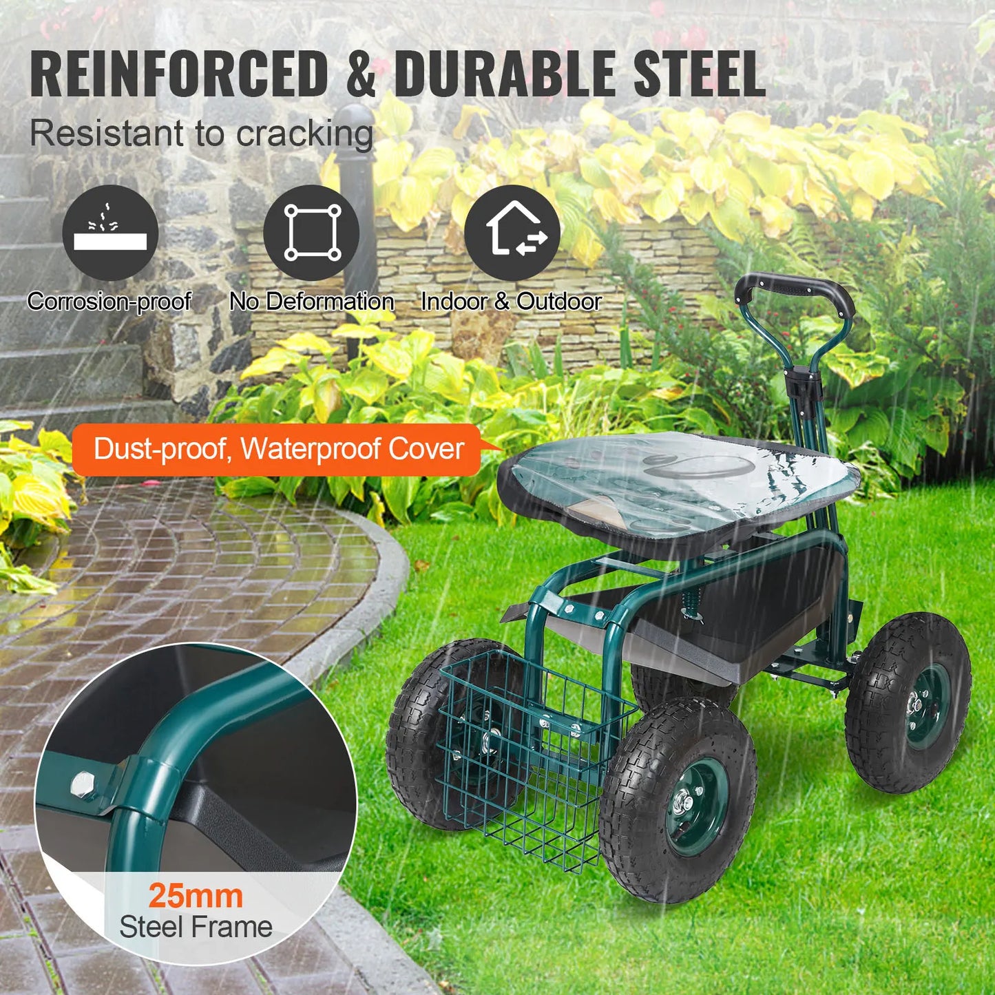 Garden Cart Rolling Workseat With Wheels 360 Swivel Seat