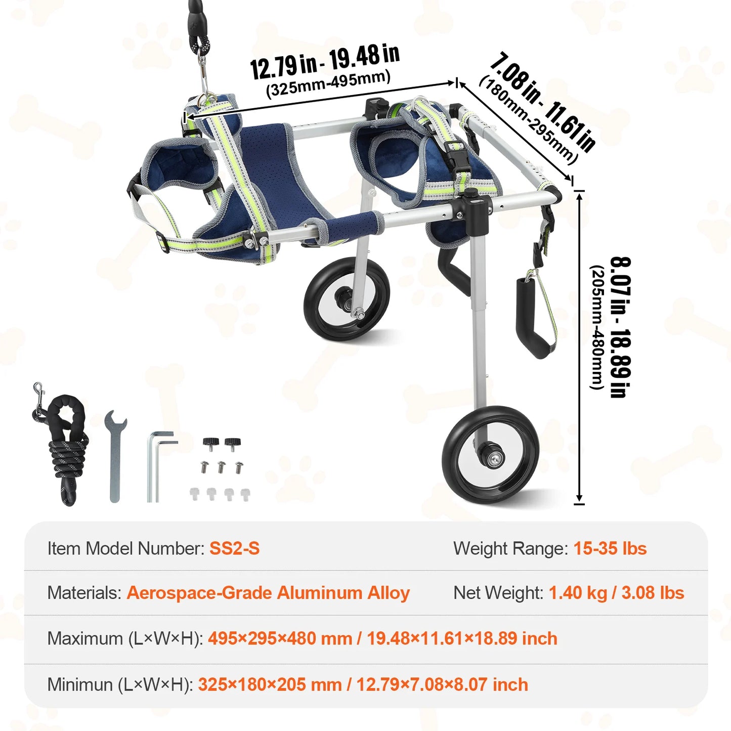 VEVOR 2 Wheels Dog Wheelchair for Back Legs Pet Wheelchair Dog Cart for Injured Disabled