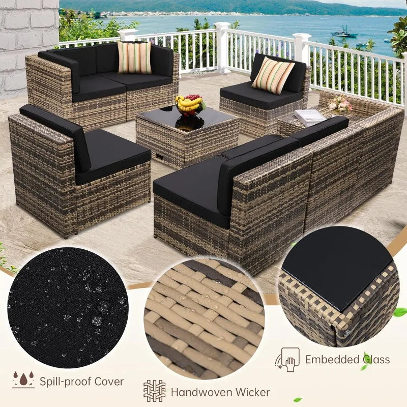 8 Piece Outdoor Wicker Patio Sectional Set With Glass Table