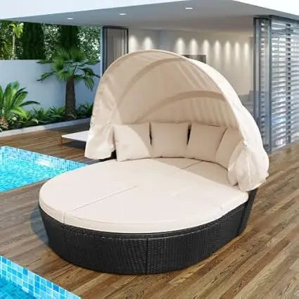 Patio Rattan Round Daybed with Retractable Canopy, Wicker Sofa Sunbed with Removable Cushions,for Outdoor Backyard Porch Lawn Ga