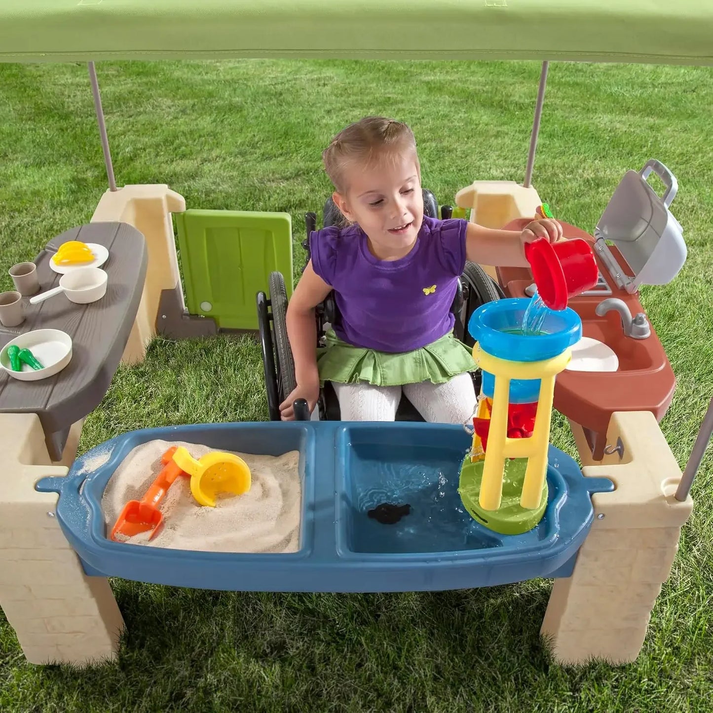 camping All Around Playtime Patio with Canopy, Kids Indoor/Outdoor , Made of Durable Plastic, Includes 16 Piece Toy Accessories,