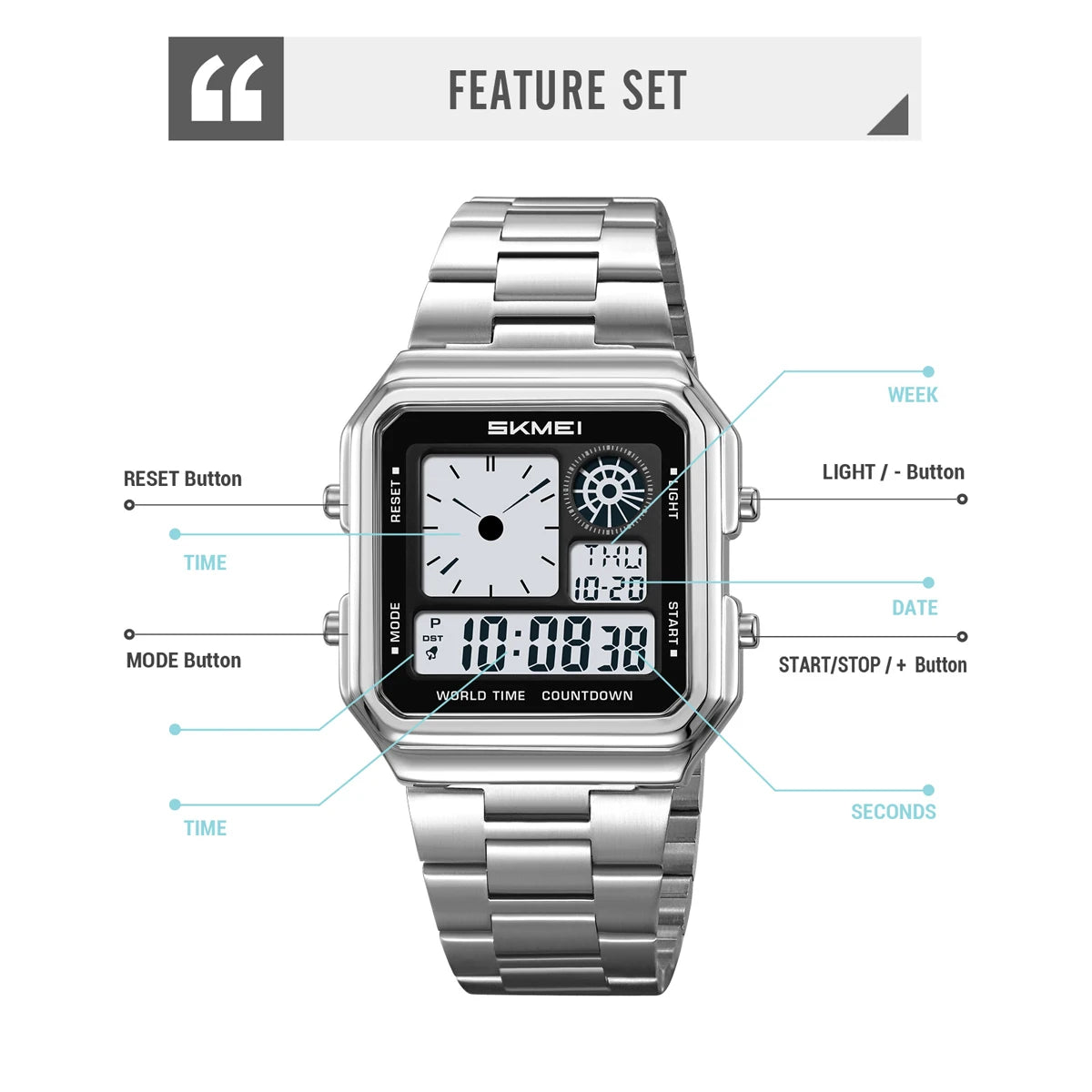 Skmei Digital Watch Waterproof Stainless Steel Band Unisex