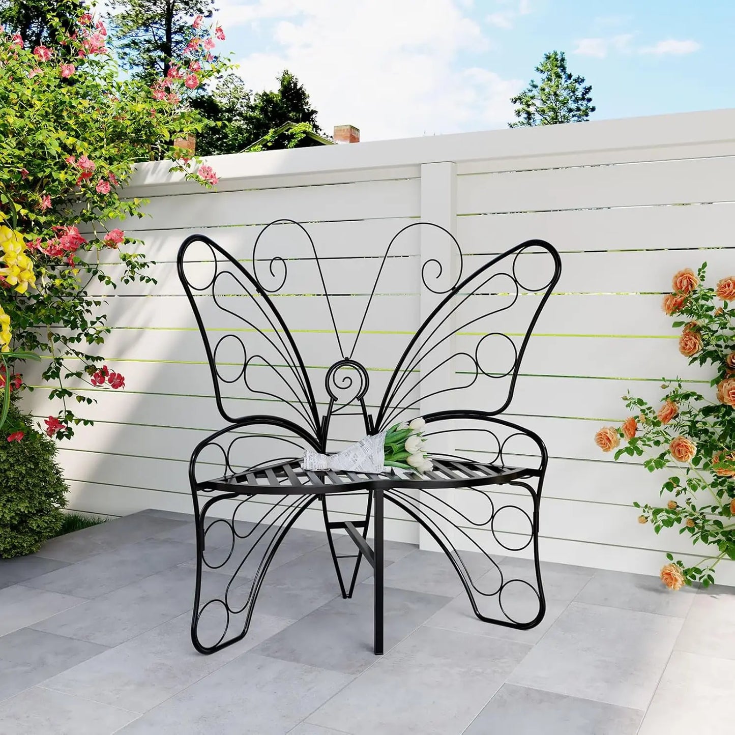 Butterfly Shaped Outdoor Bench, Black Garden Bench with Sturdy Stable Metal Frame, Outdoor Metal Chair Butterfly Bench