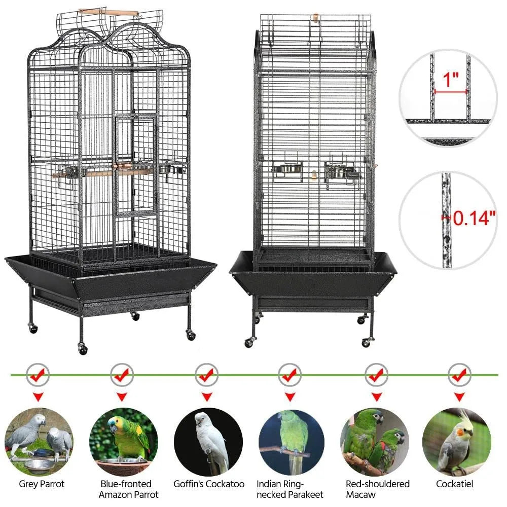 63'' Bird Cage with Stand Wrought Iron Rolling Open Play Top Large Bird Cage for Mini Macaw African Grey Amazon Parrot