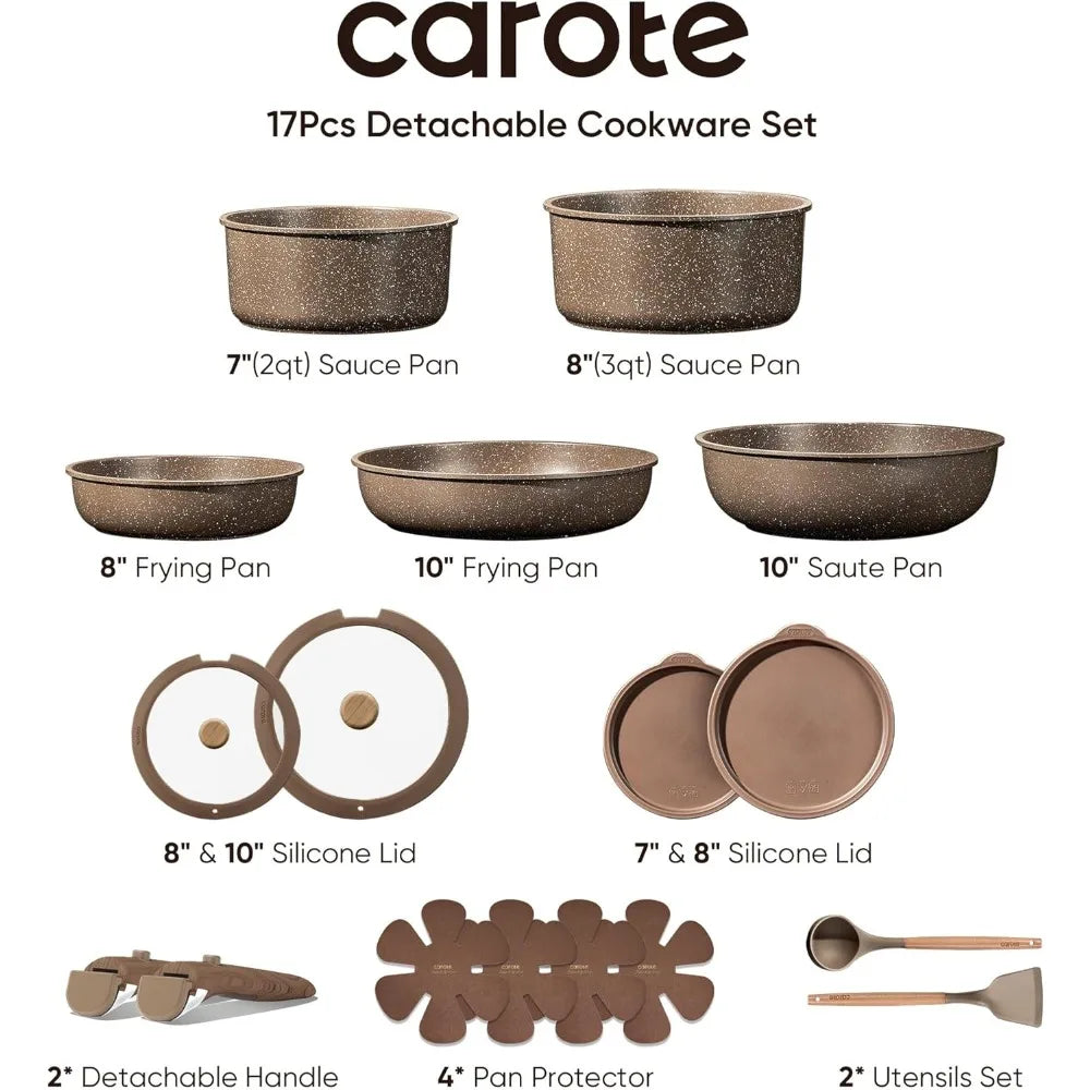 Carote 17 Piece Nonstick Pots and Pans Removable Handles