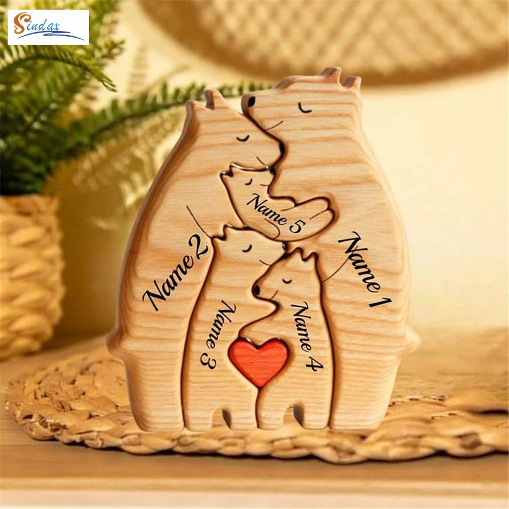 Personalized Custom Bear Family Wooden Puzzle DIY Free Engraving Name Sculpture Home Desk Decor Figurines Christmas Birthday Gift