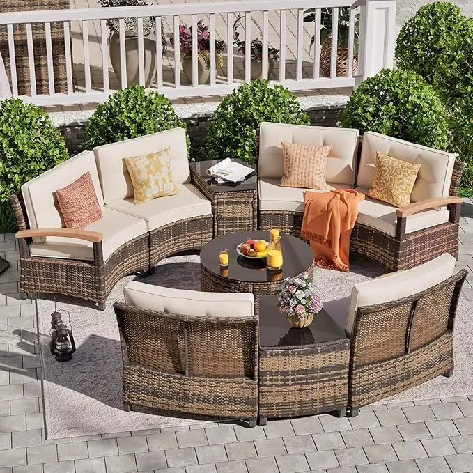9 Piece Outdoor Patio Set Half Moon Rattan Sofa Conversation