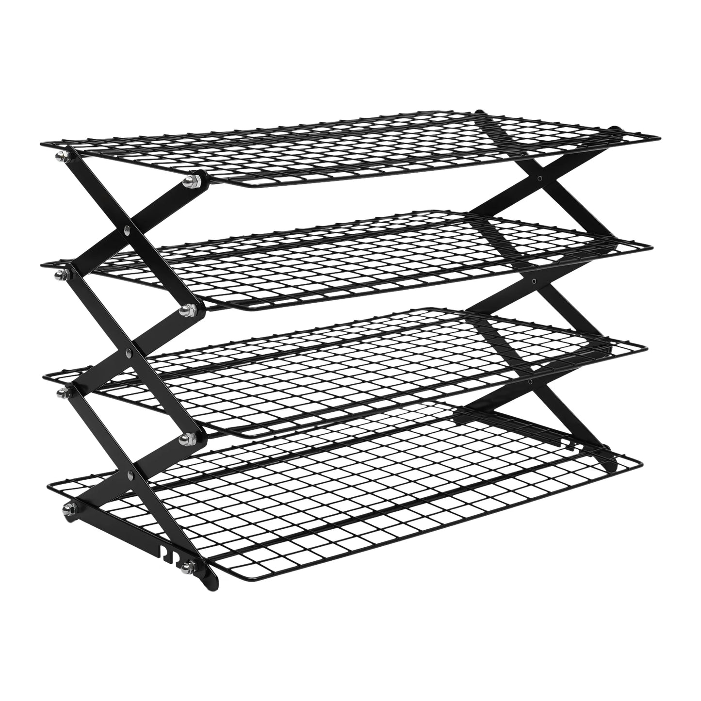 4-Tier Foldable Iron Cooling Rack, Outdoor Camping Black Stand Rack, Grilling Drying Rack for Picnic, BBQ to Hold Food, Utensils