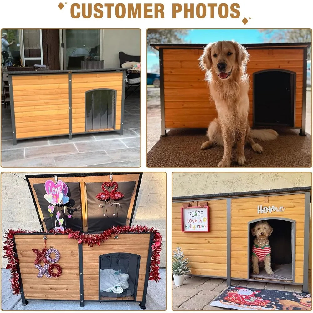 Extra Large Insulated Outdoor Dog Kennel 59 Inch With Movable Insulation Liner Weatherproof All Around Iron Anti Bite