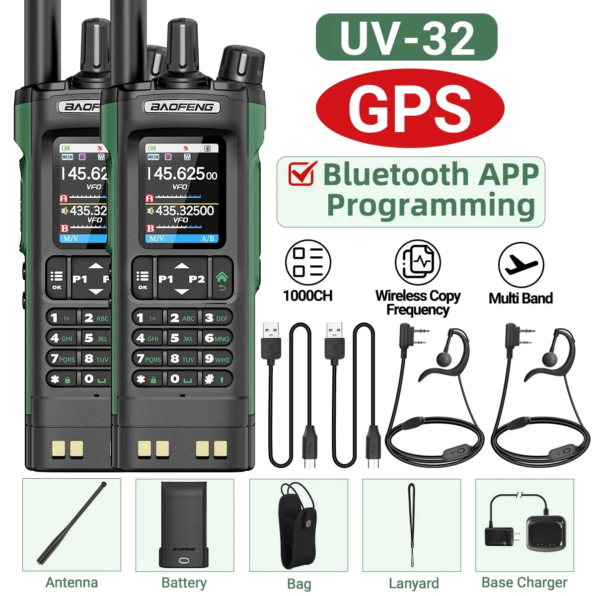 Walkie Talkie Baofeng UV-32 Multi Band 10W GPS Bluetooth Programming Amateur AM Two Way Radio with 2.0" Screen Type-C Ham Radio
