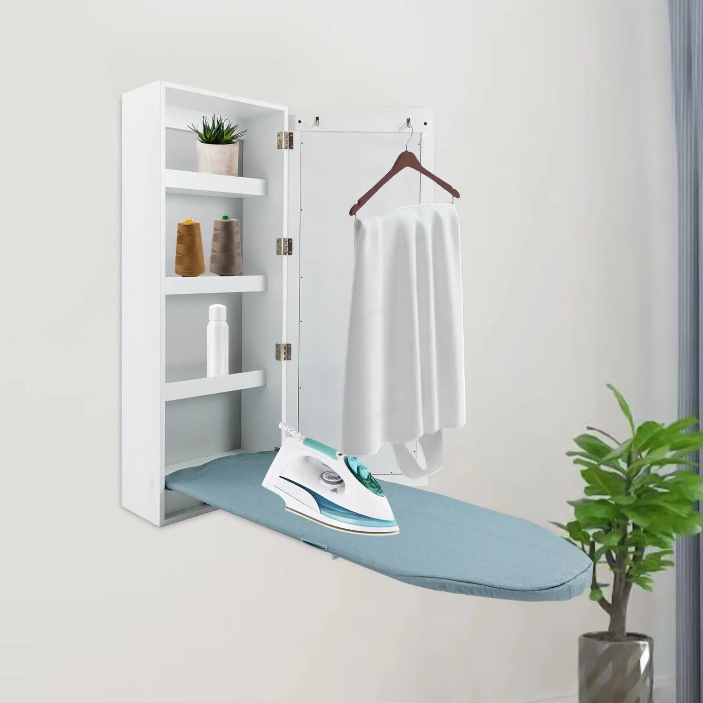 Household Hide Away Ironing Board Cabinet With 3 Tier Shelf & Mirror Wall Mount